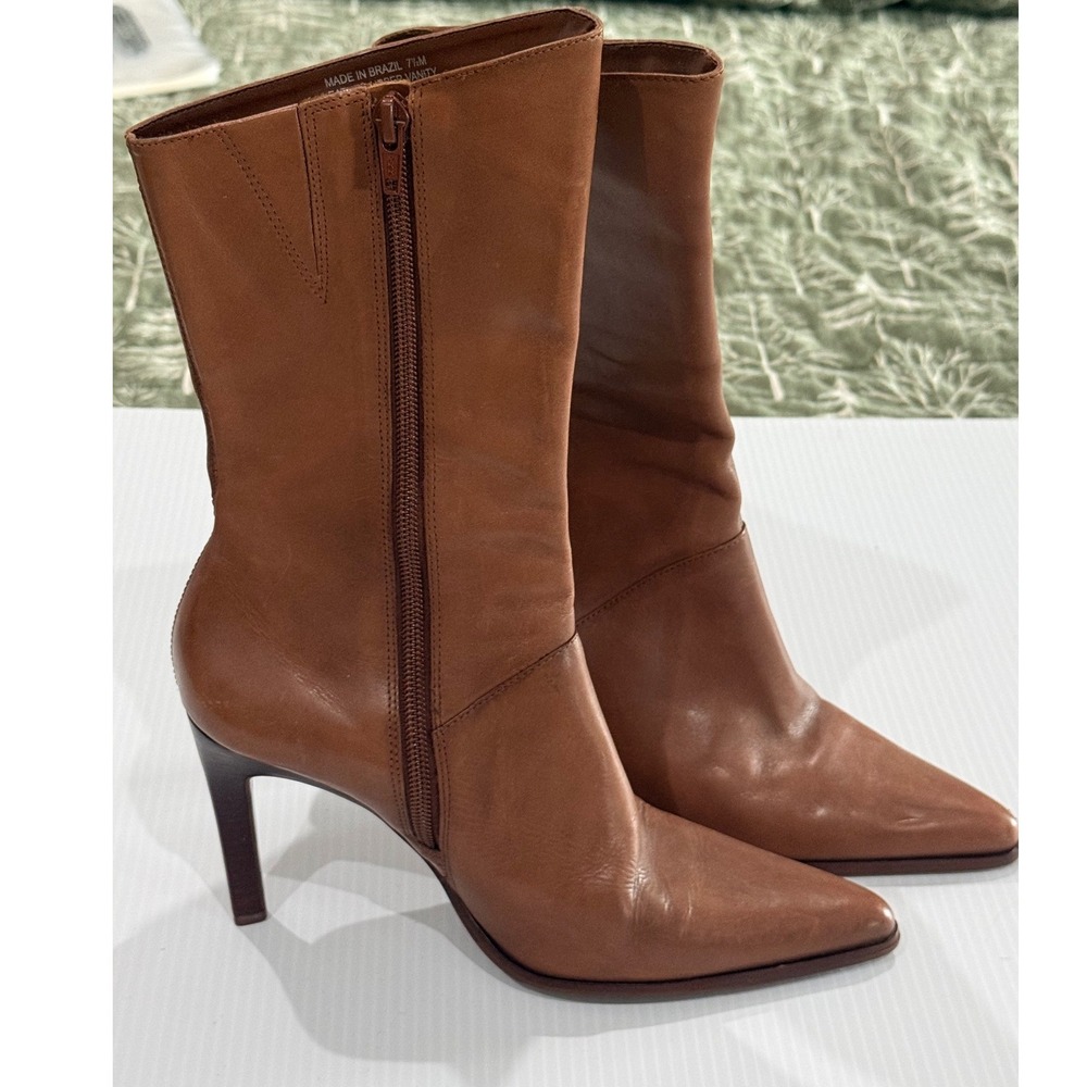 Vanity Cognac Brown Leather Pointed Toe Stiletto Mid Calf Boots Brazil Size 7.5M